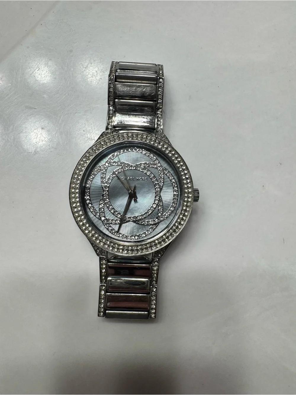 Michael Kors Silver Tone Crystal Floral Dial Bracelet Watch